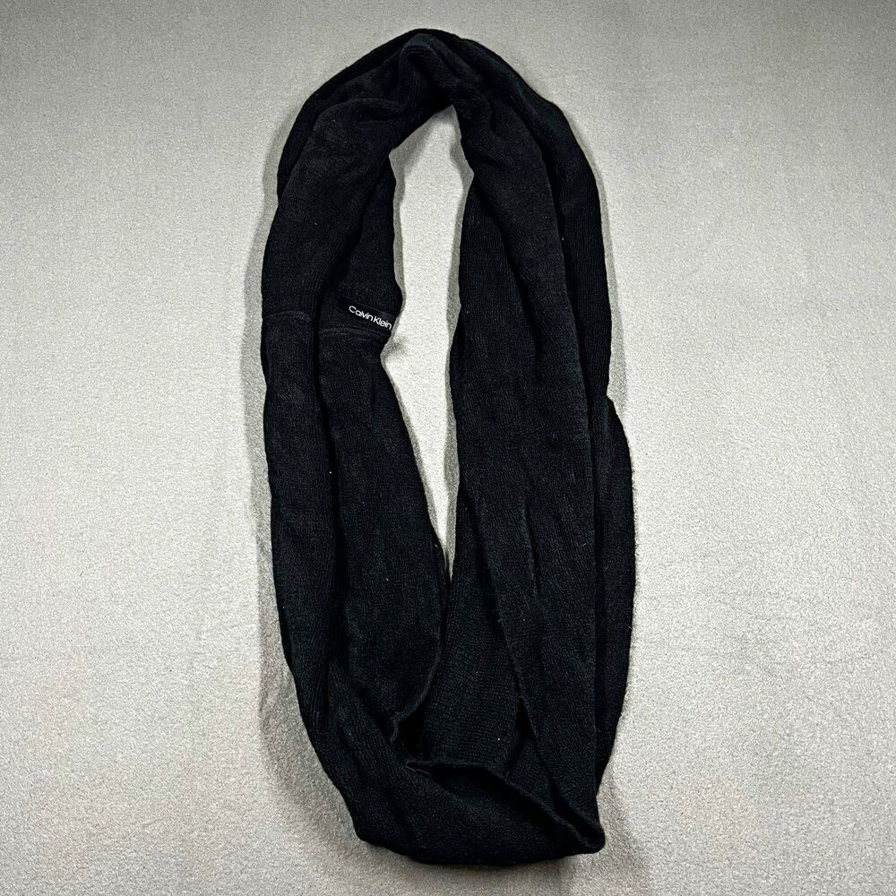 Calvin Klein Black Acrylic Knit Infinity Scarf Solid Logo Accent Womens